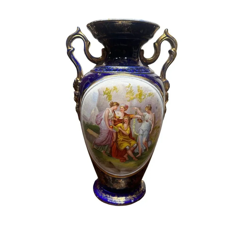 Antique Kaufmann Portrait Vase Cobalt Blue Victoria Austria Porcelain Signed